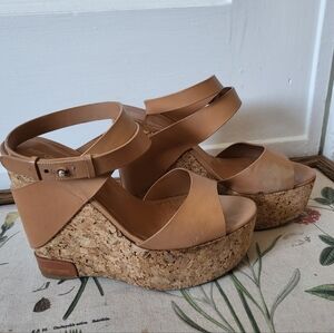 Sergio Rossi Tan Leather Wrap Ankle Strap Cork Wedges EU 38 Made In Spain